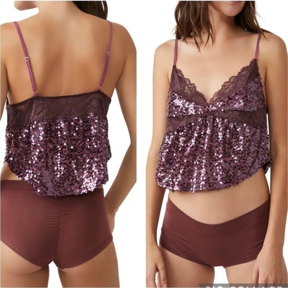 Free People burgundy right rhythm sequin mesh crop top - Picture 2 of 12